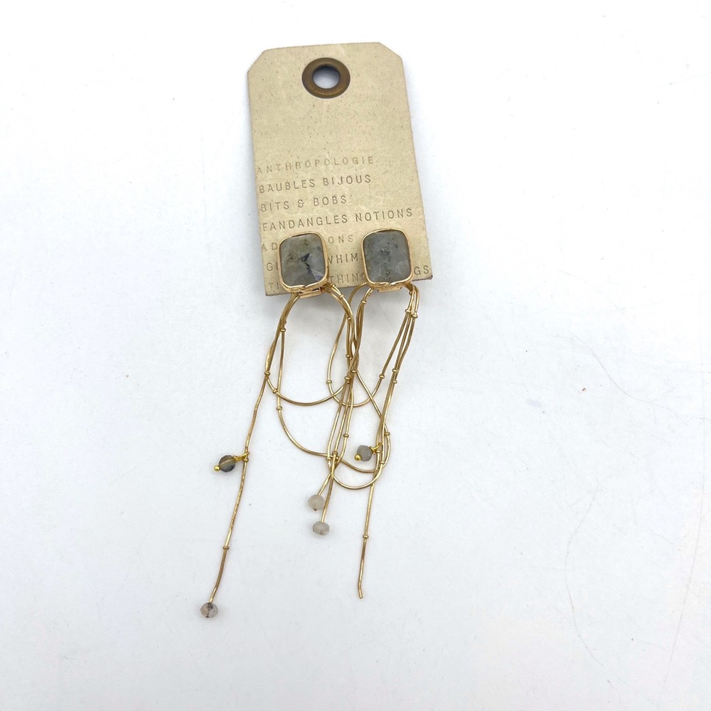 Anthropologie Gold Tone Grey Stone Dangle Drop Statement Earrings 3.5"